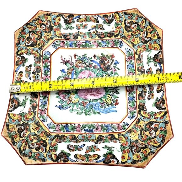 Rose Canton Square 7.5" Plate W/ 1000 Butterflies Design Circa 1920 - Picture 2 of 7